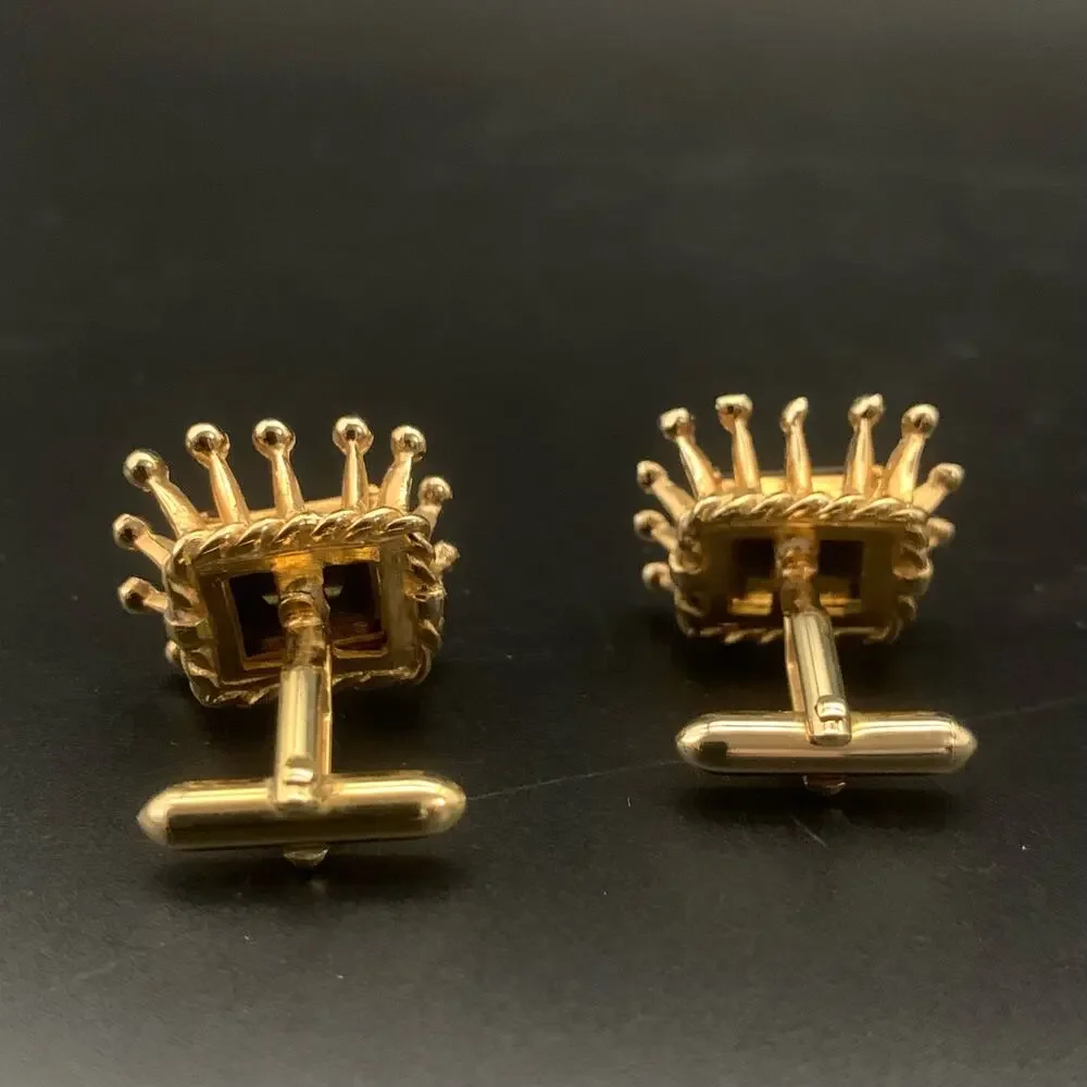 Vintage Regal Brown Emerald Cut Rhinestone Gold Tone Crown Shape Cufflinks - Picture 4 of 6